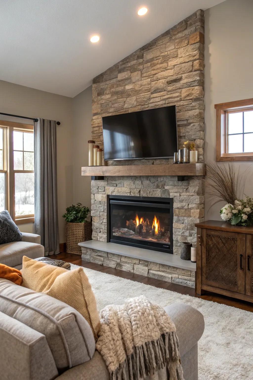 Realize a smooth, modern appearance using a hanging display above your elegant masonry hearth.