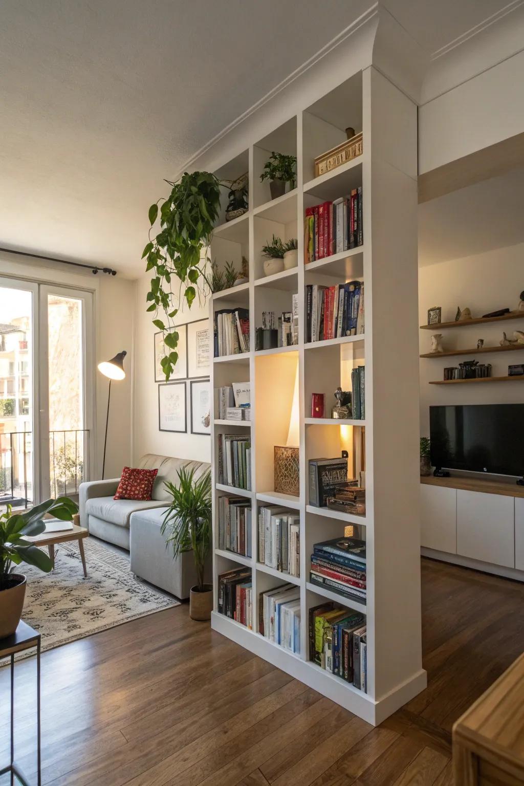 Partition walls with shelves provide split and storage.