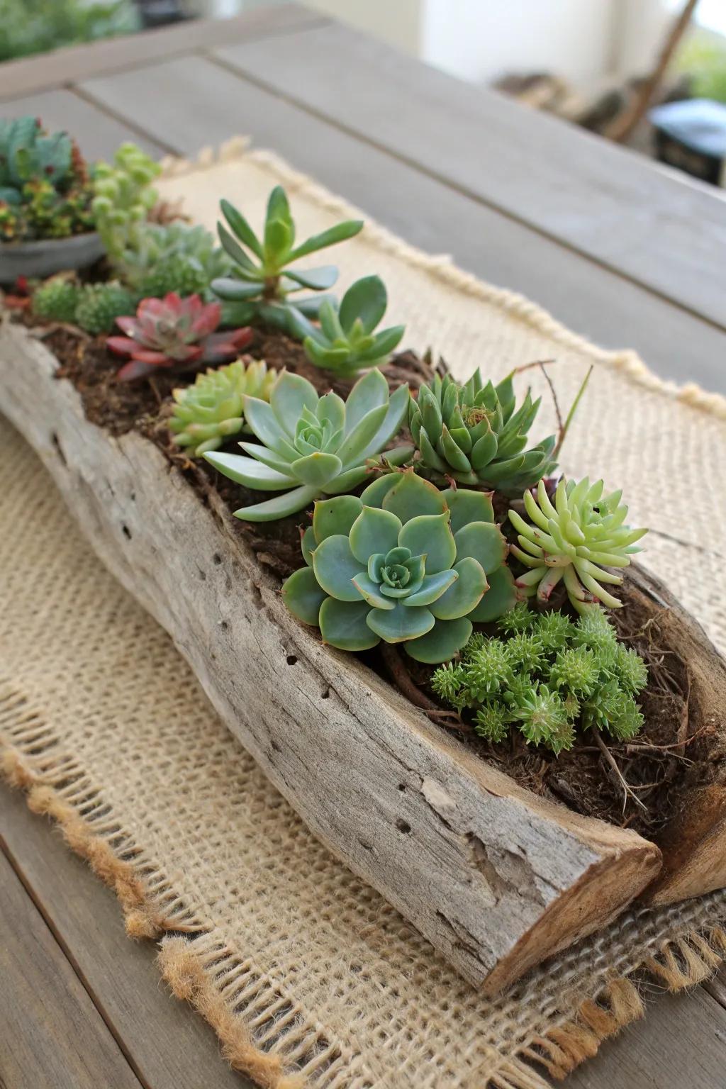 A rustic arrangement of succulents in riverwood.