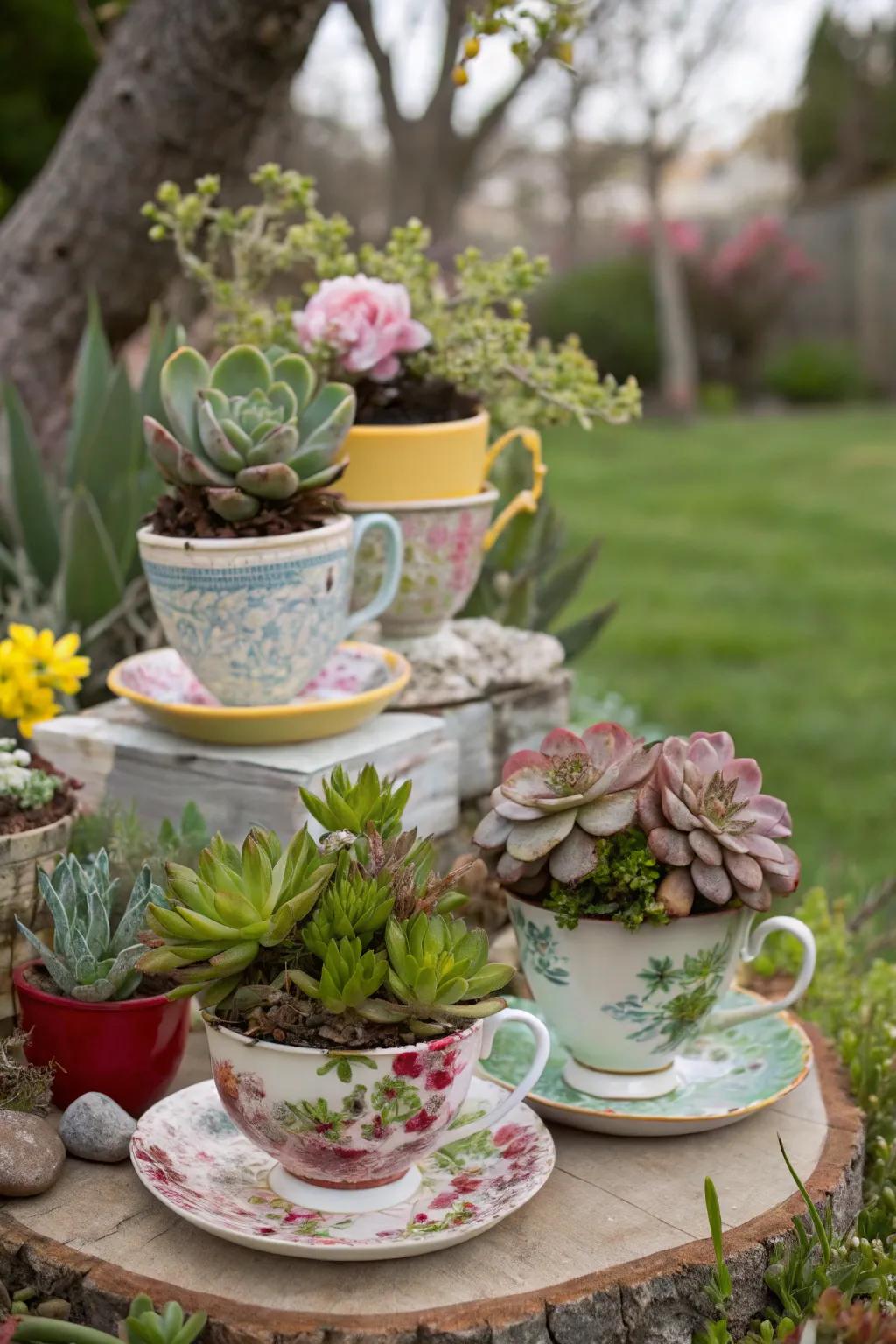 A whimsical and playful exhibit of succulents in mismatched pots and teacups.