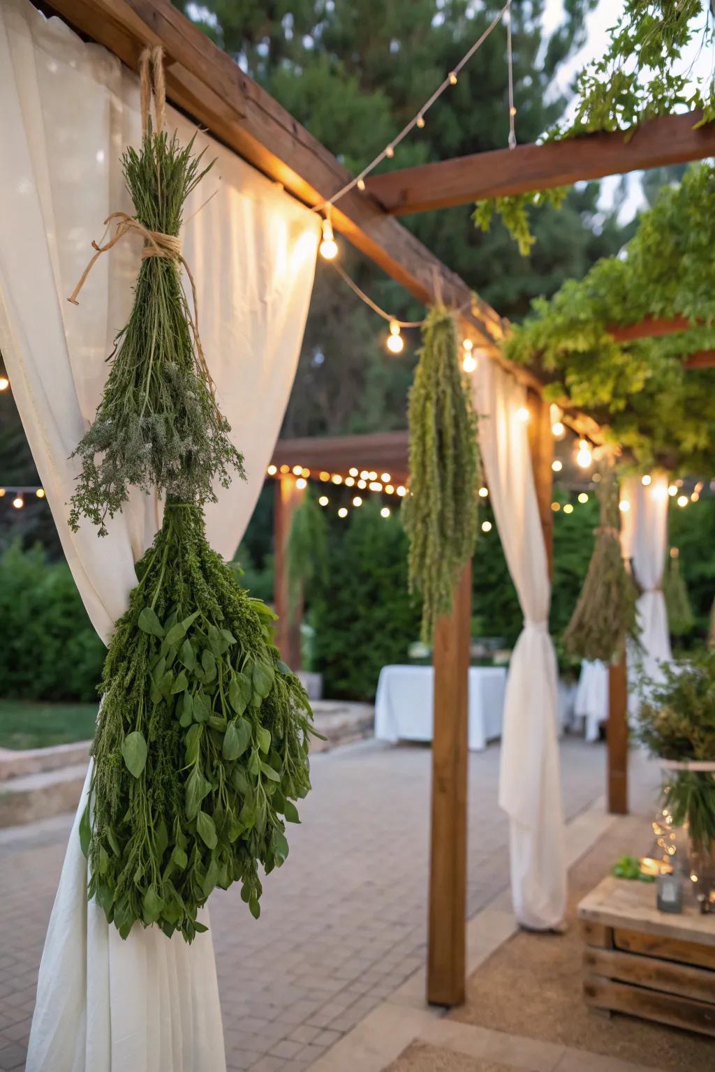 A fragrant sukkah embellished through suspended bundles of fresh botanicals.