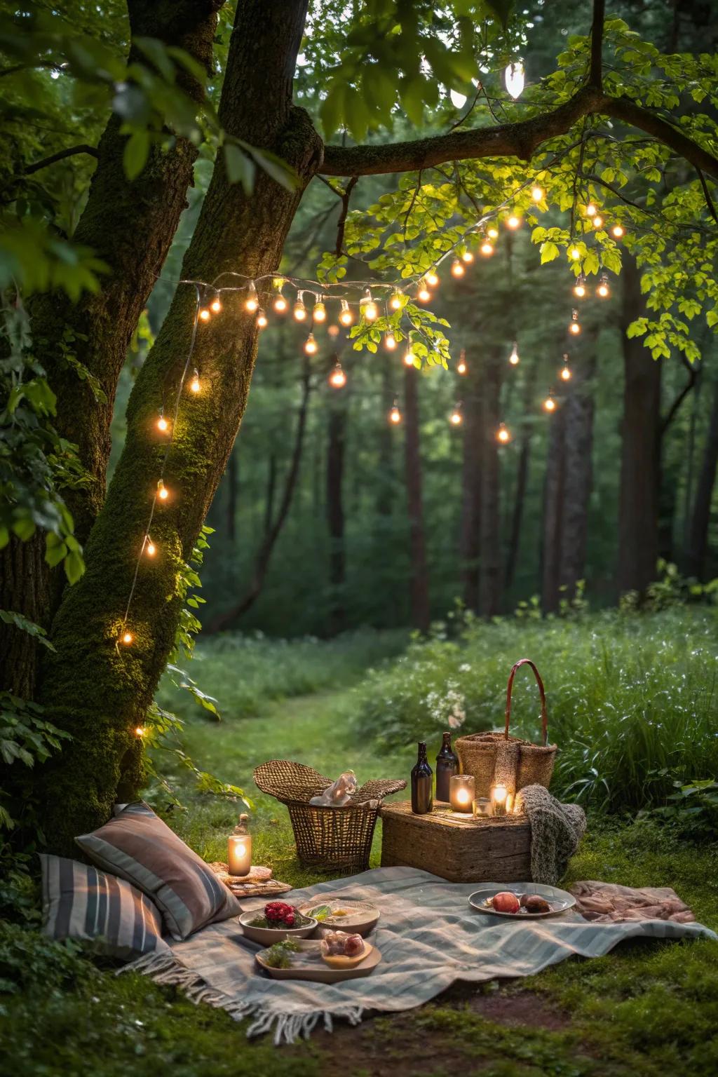An enchanted woods picnic with a peaceful and magical atmosphere.