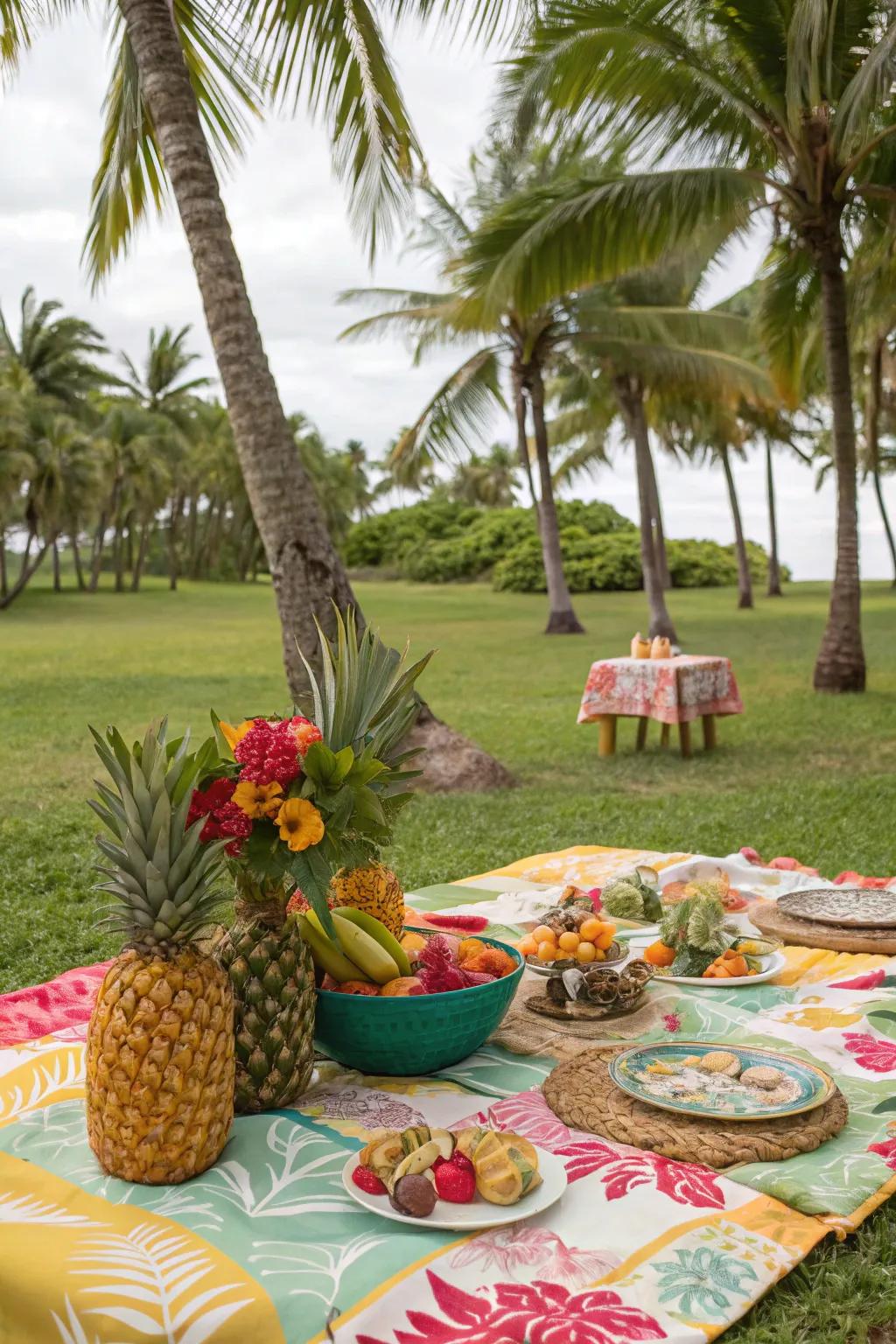 A tropical escape picnic with exotic and lively decorations