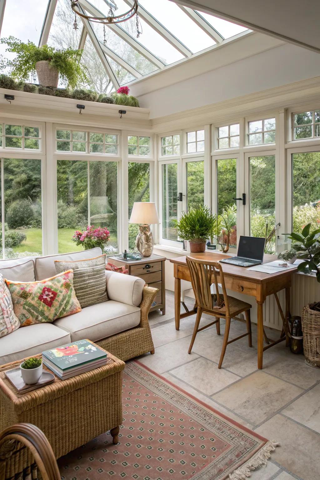 A multipurpose sunroom tailored for various activities.