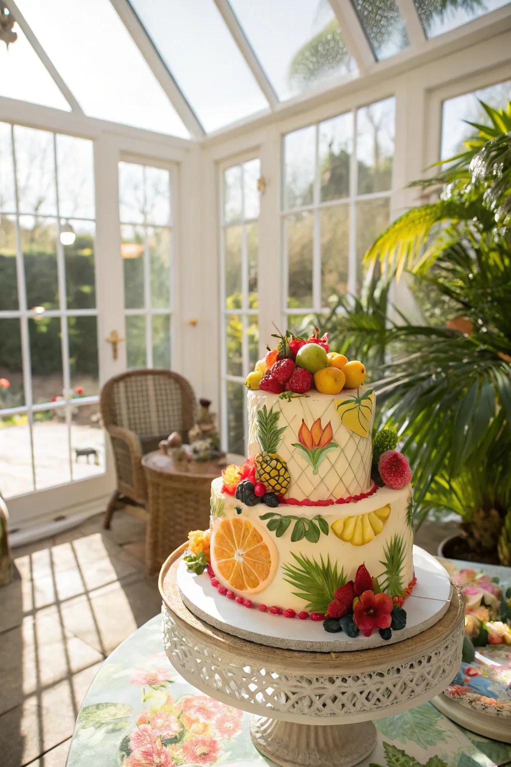 An exotic atmosphere cake that injects a slice of paradise into the celebration.