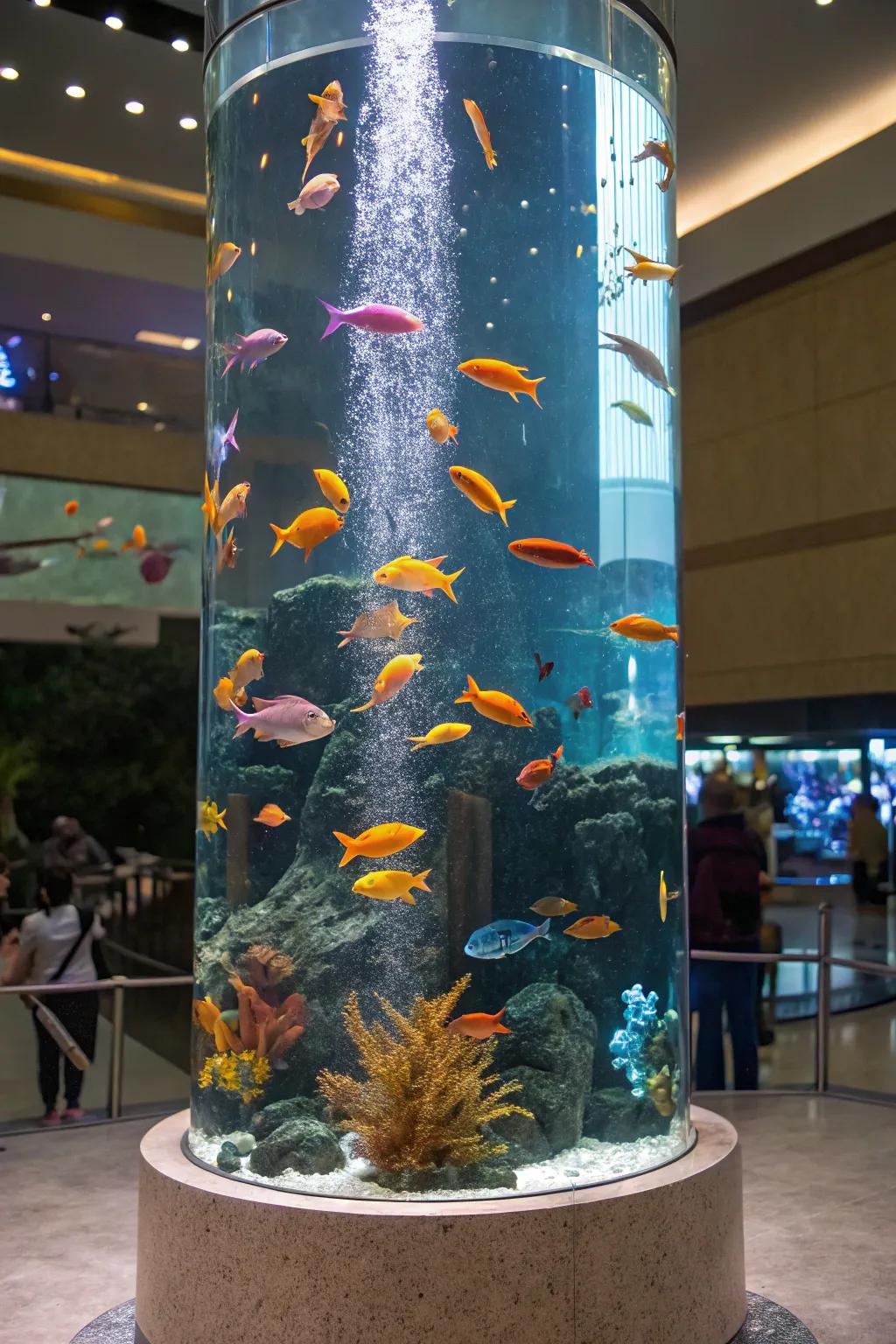 A kaleidoscopic commune of finned entities within a towering aquarium.