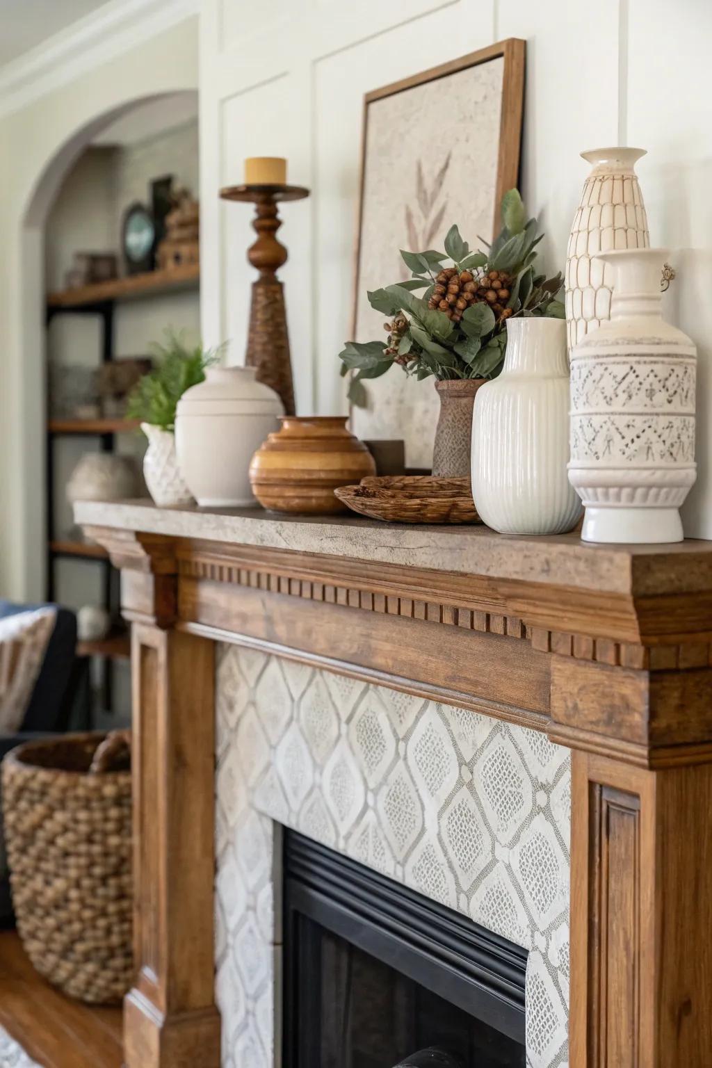 A high mantel featuring a fusion of textures for heightened depth and intrigue.