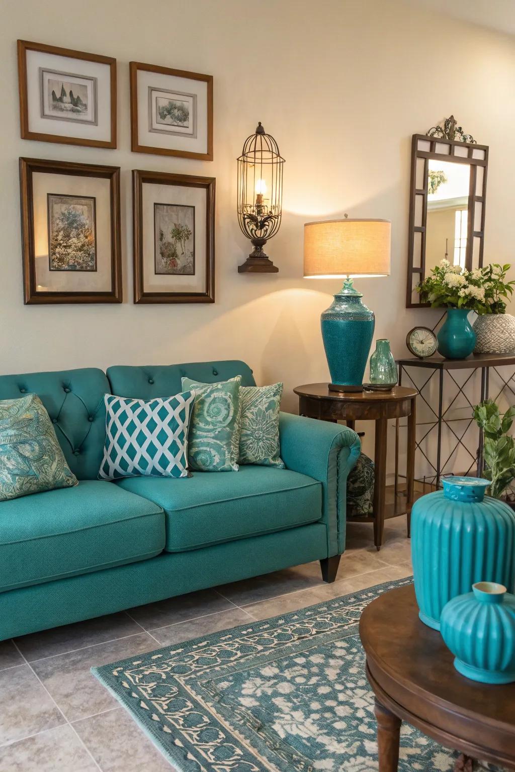 Cobalt accessories can establish a harmonious aesthetic with your settee.
