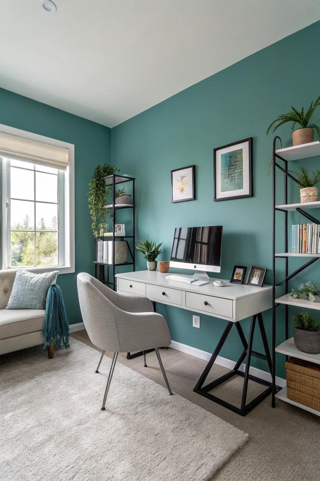 Ingenious and focused home office featuring turquoise walls.