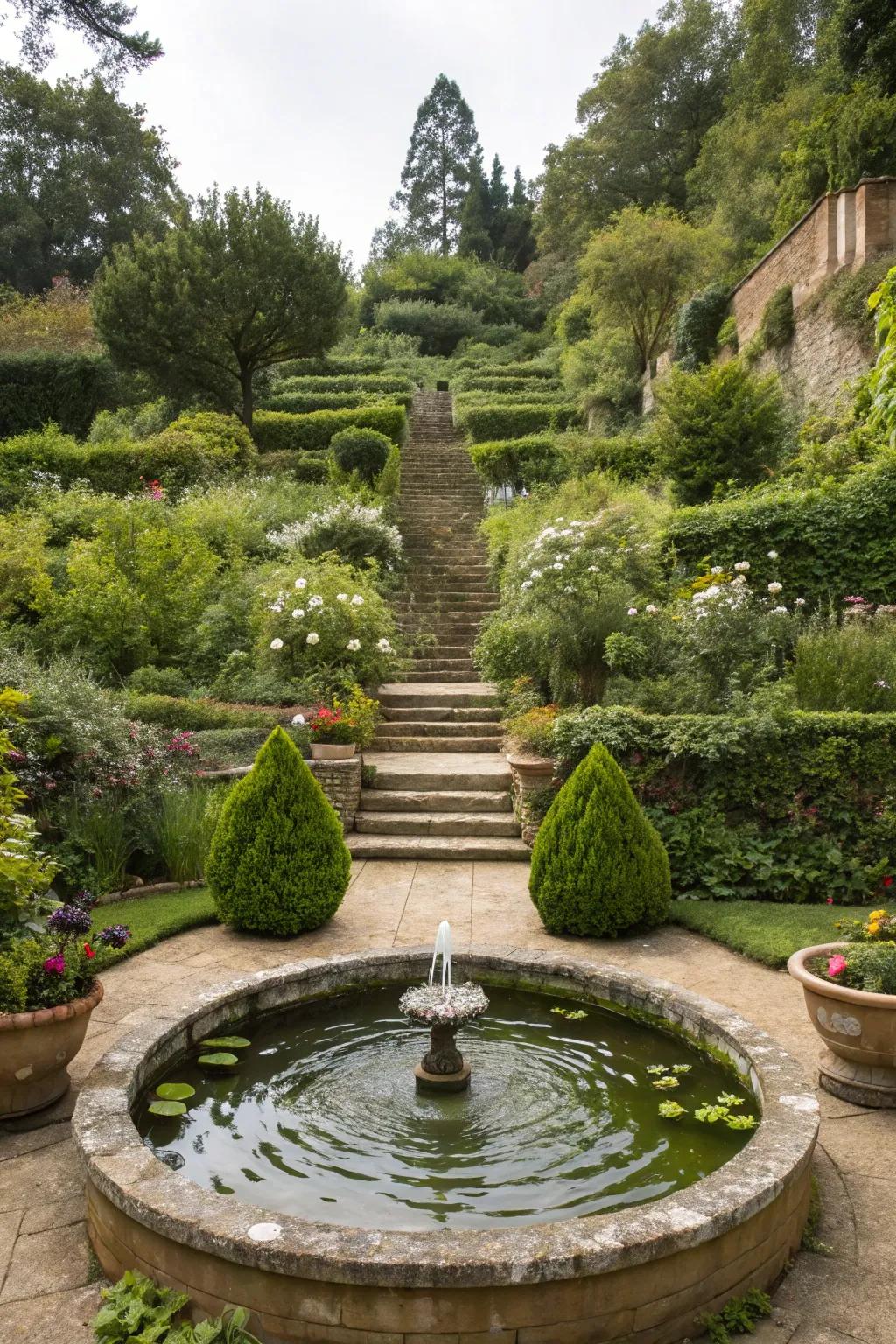 A serene water feature in a layered garden, establishing a calming vibe.