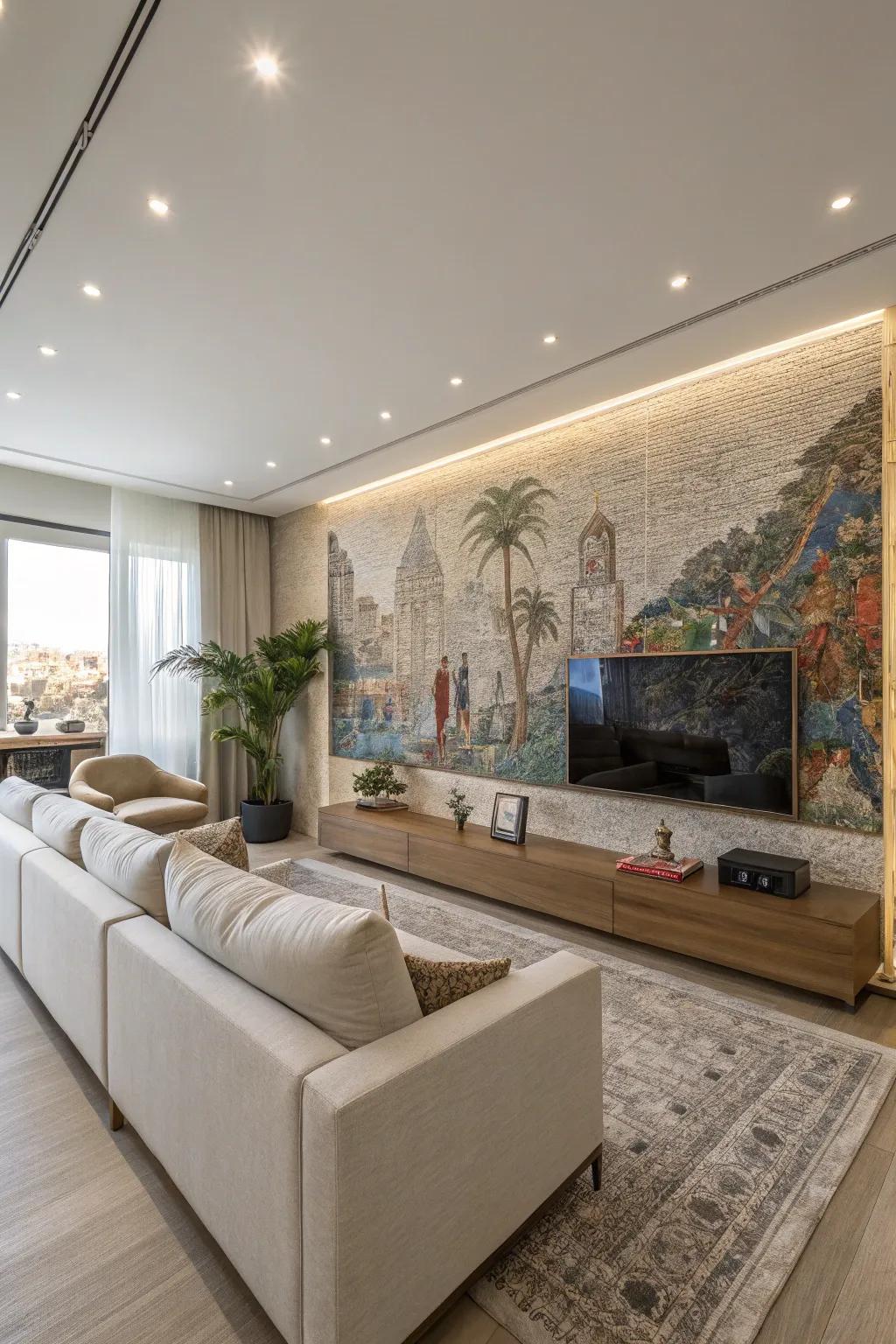 An embossed wall painting makes a bold statement in this modern living room.