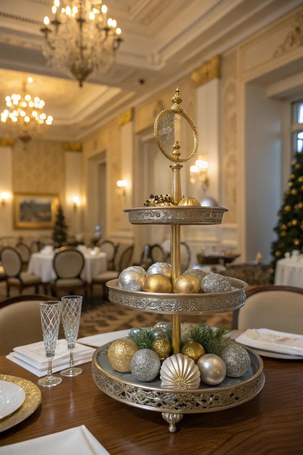 A glamorous tiered display that shines with metallic elegance.