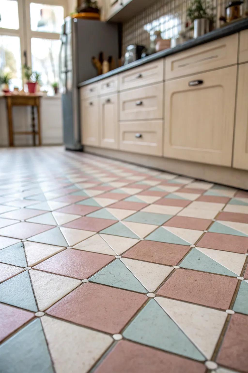 A pastel checkerboard design infuses an engaging twist into this cooking area.