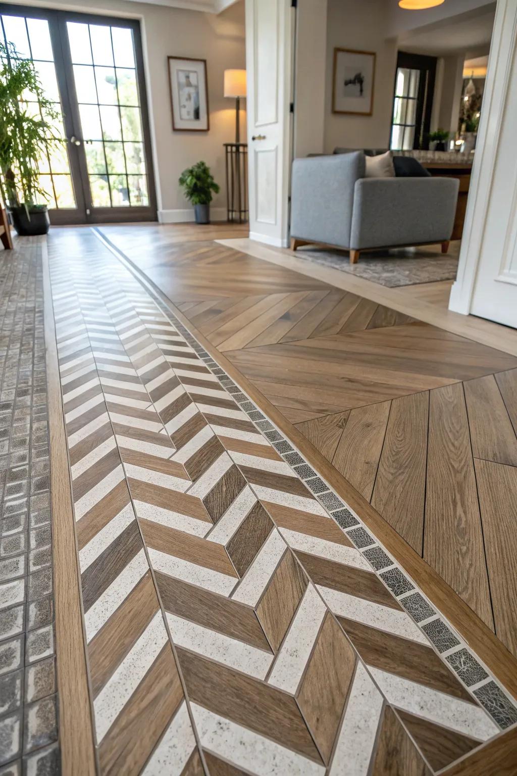 Chevron tiles create a bold transition into wooden flooring.