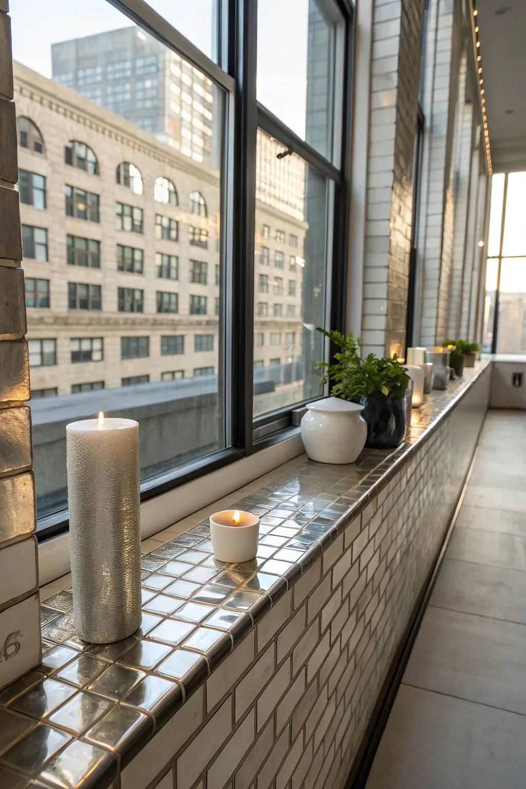 Polished metallic tiles impart a sleek, contemporary accent to this urban loft window sill.