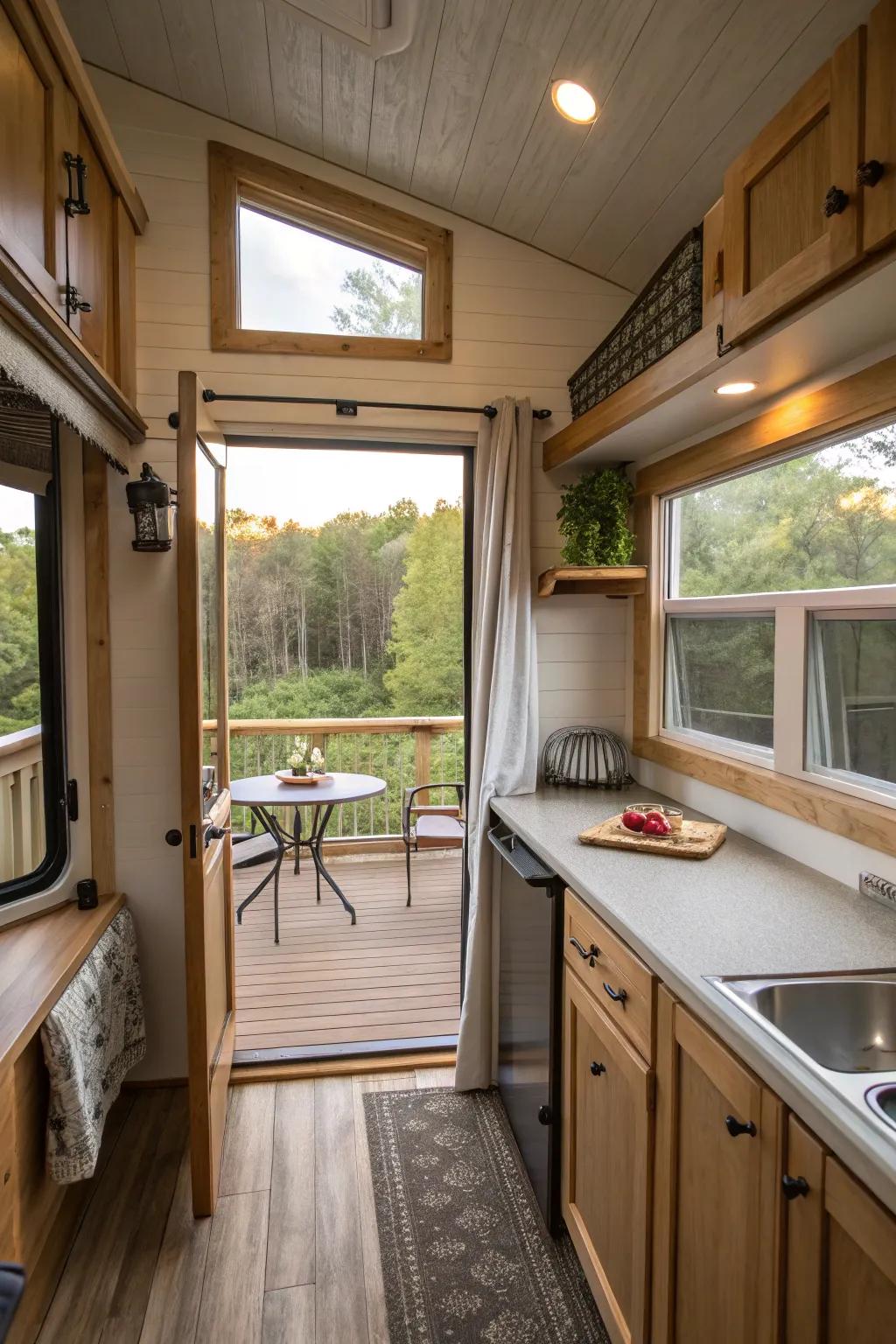 Fold up windows fashion a smooth passage to the outdoors.