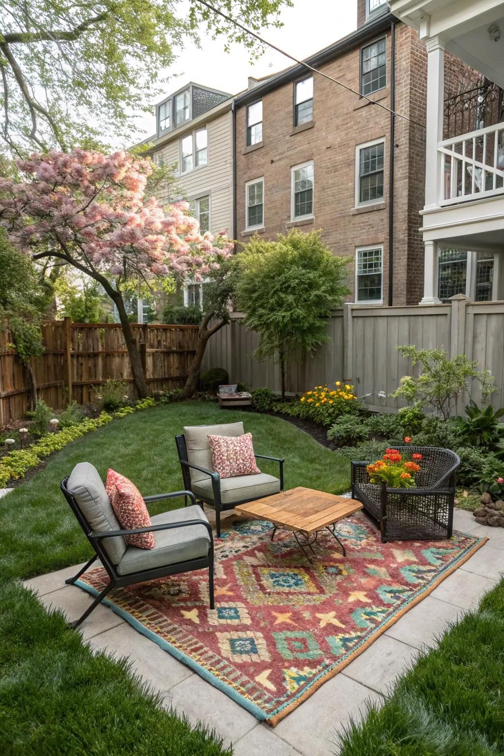 Specify spaces using fashionable exterior rugs.