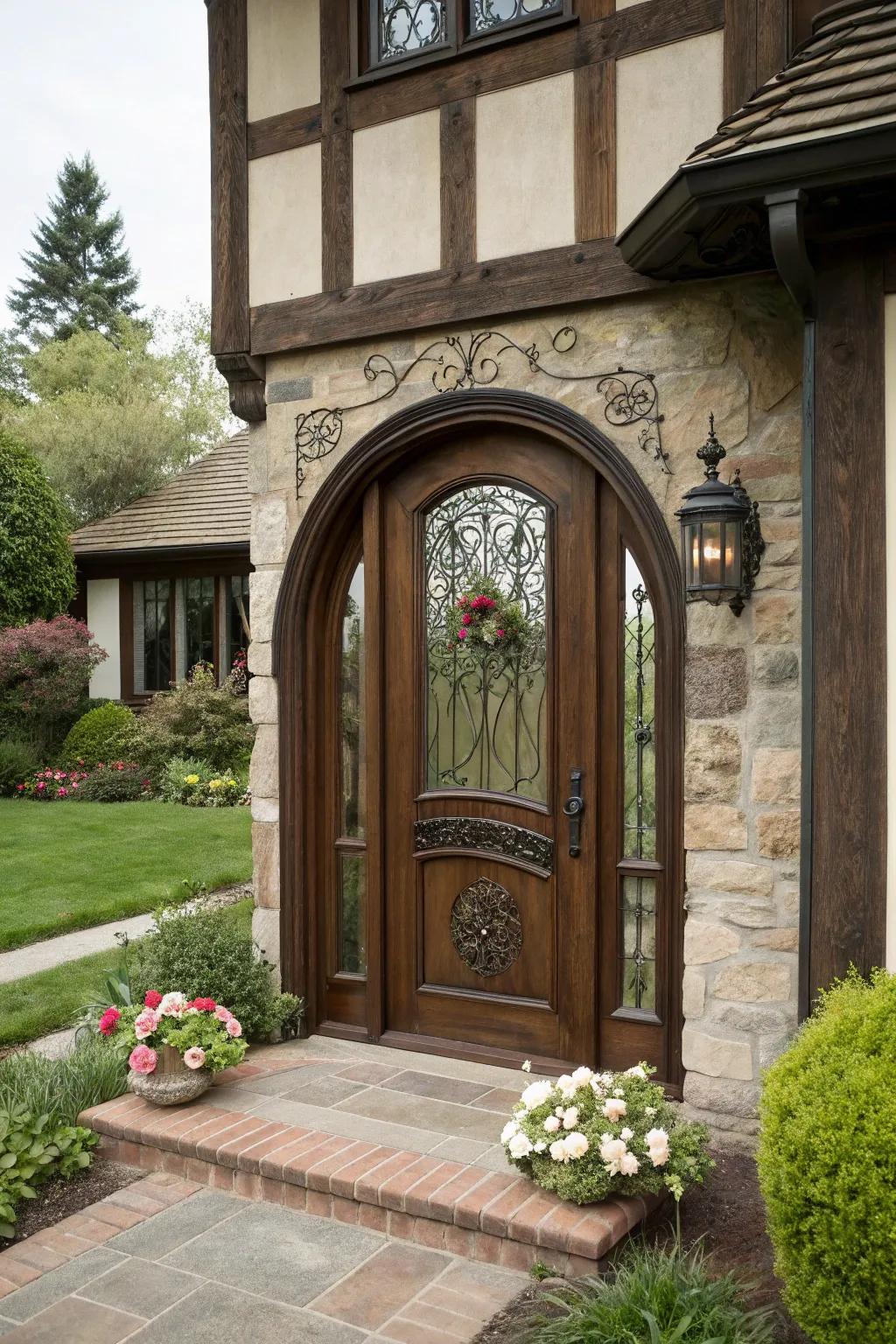 Tudor-inspired doors bring a storybook charm to traditional homes.