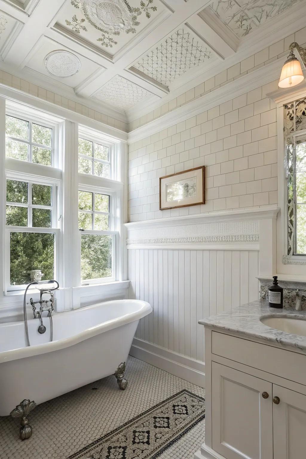A white bathroom featuring elegant wall paneling that introduces texture and architectural intrigue.