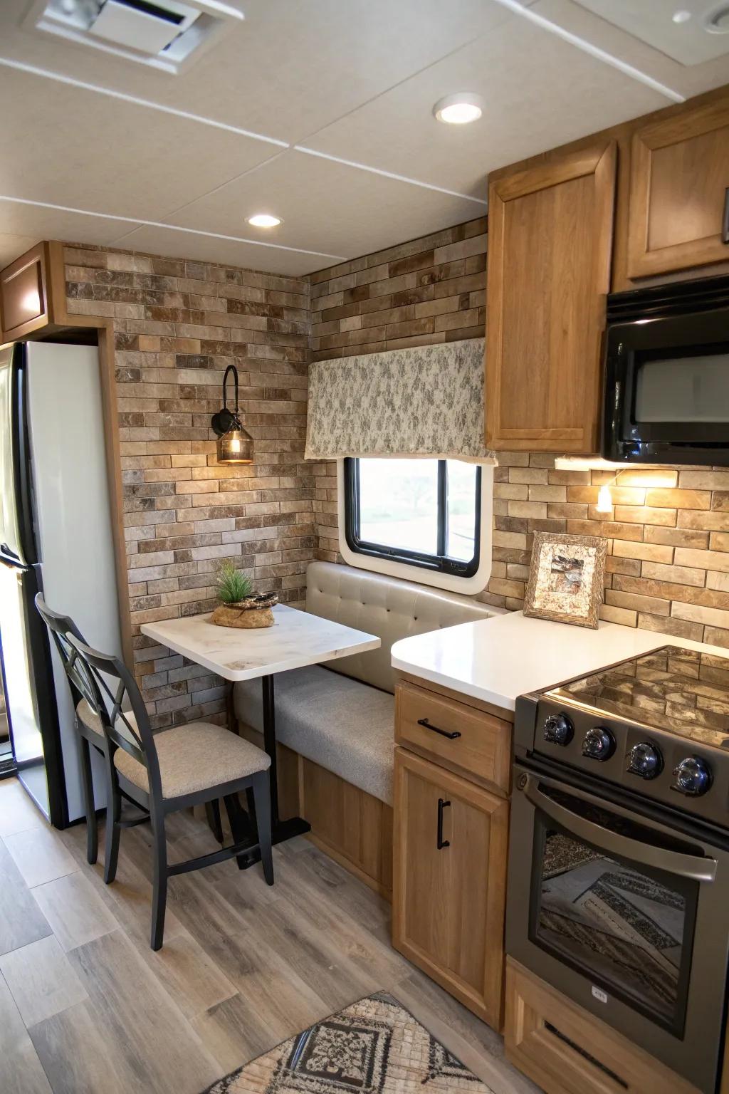 Imitation brick tiles add an industrial charm to your RV kitchen.