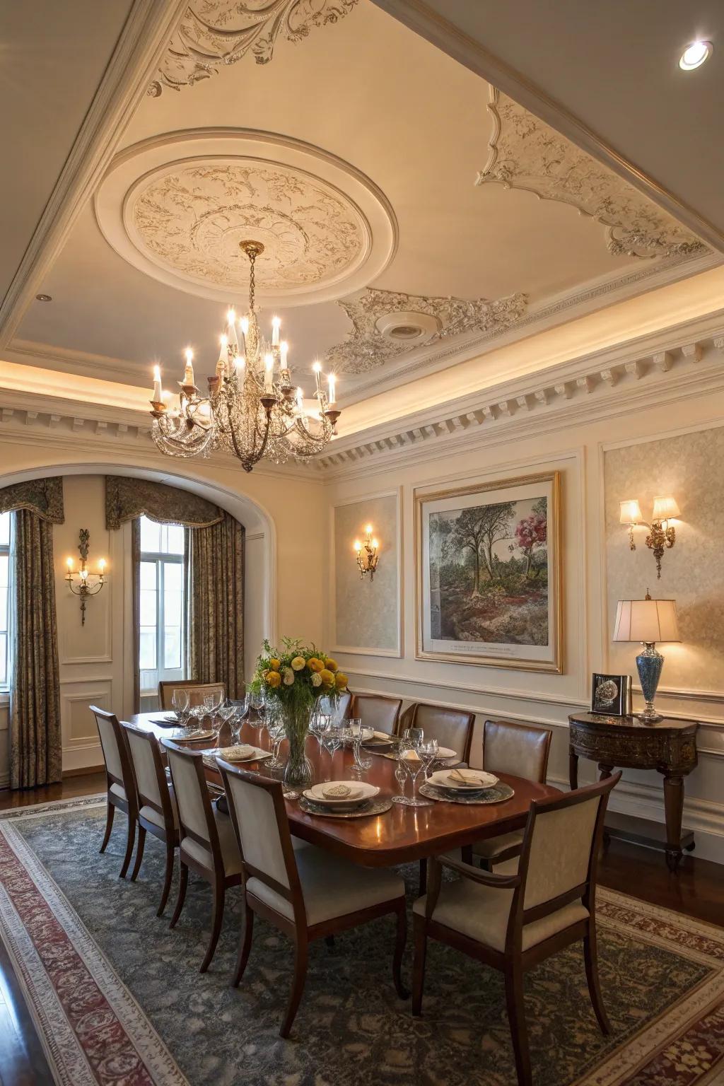 Deluxe molding introducing a majestic aspect to the dining area.