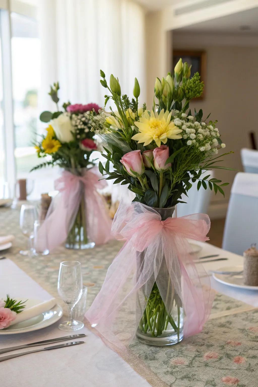 Enhance your floral arrangements with fabric sheer-wrapped vases.