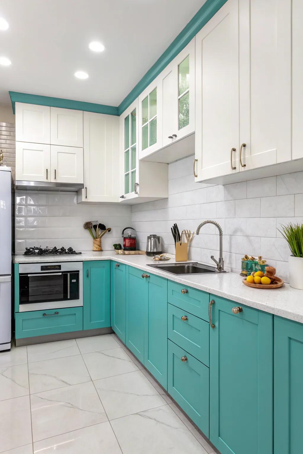 Two-tone design introducing depth to turquoise cooking area cabinets.