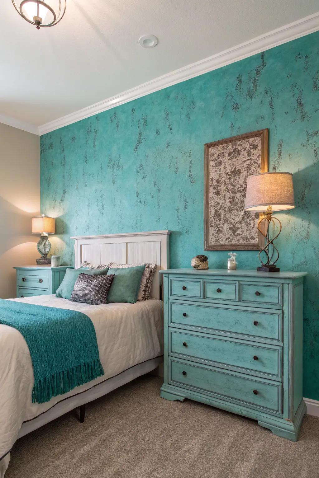 Teal chalk paint adds texture and charm.