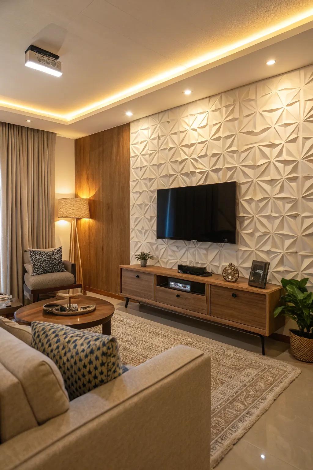 Embossed panels introduce depth and visual appeal to this TV accent wall.