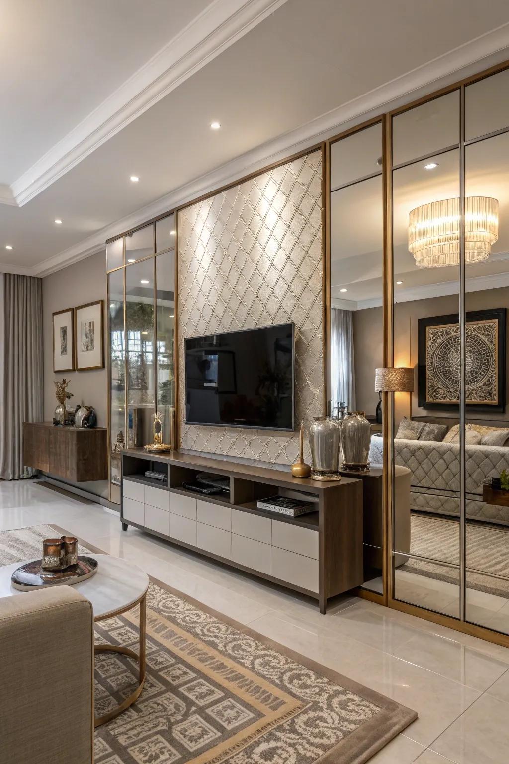 A TV wall that utilizes mirrors for a reflective, modern look.