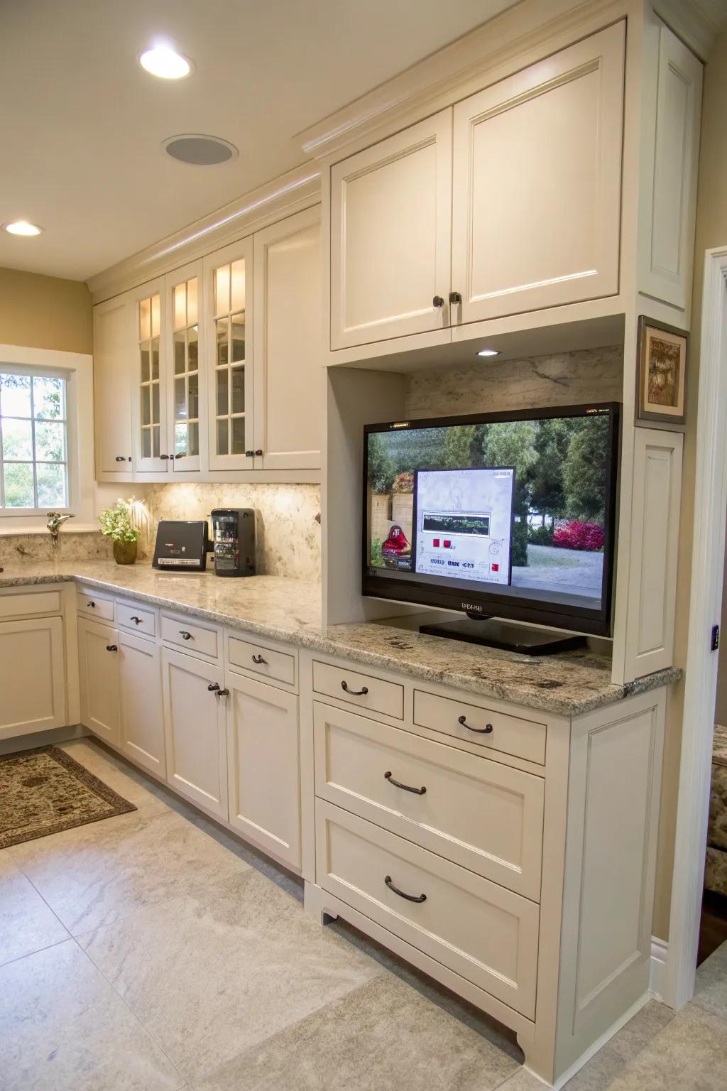 A small television installed under cooking area cabinets for handy viewing.