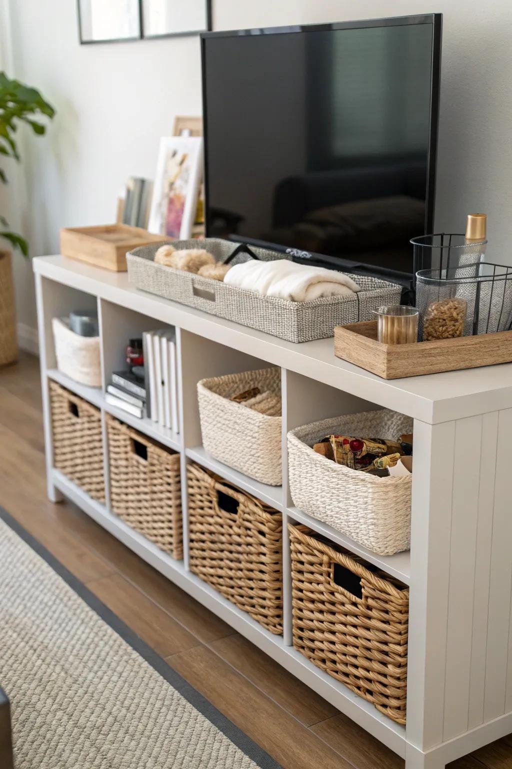 Basket sets keeping the clutter organized with flair.