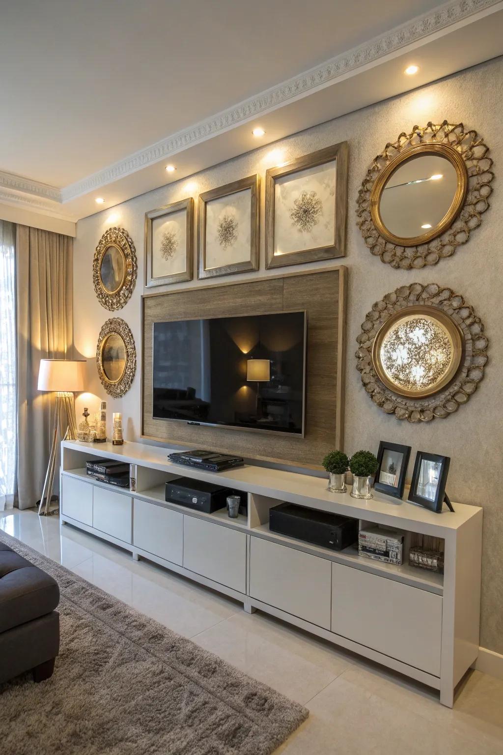 Mirrors append depth and openness to this TV wall.