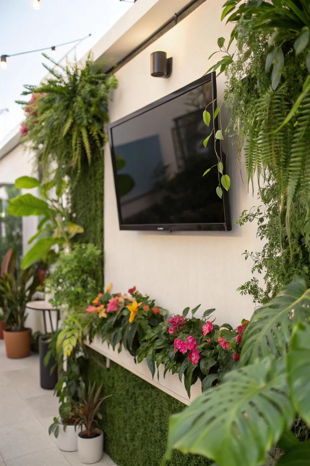 Natural greenery brings life and freshness to this TV wall.