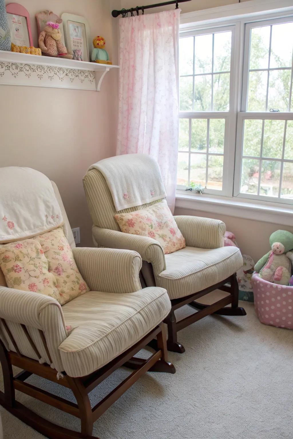 Having dual glider chairs offers comfort and simplicity when comforting twins.