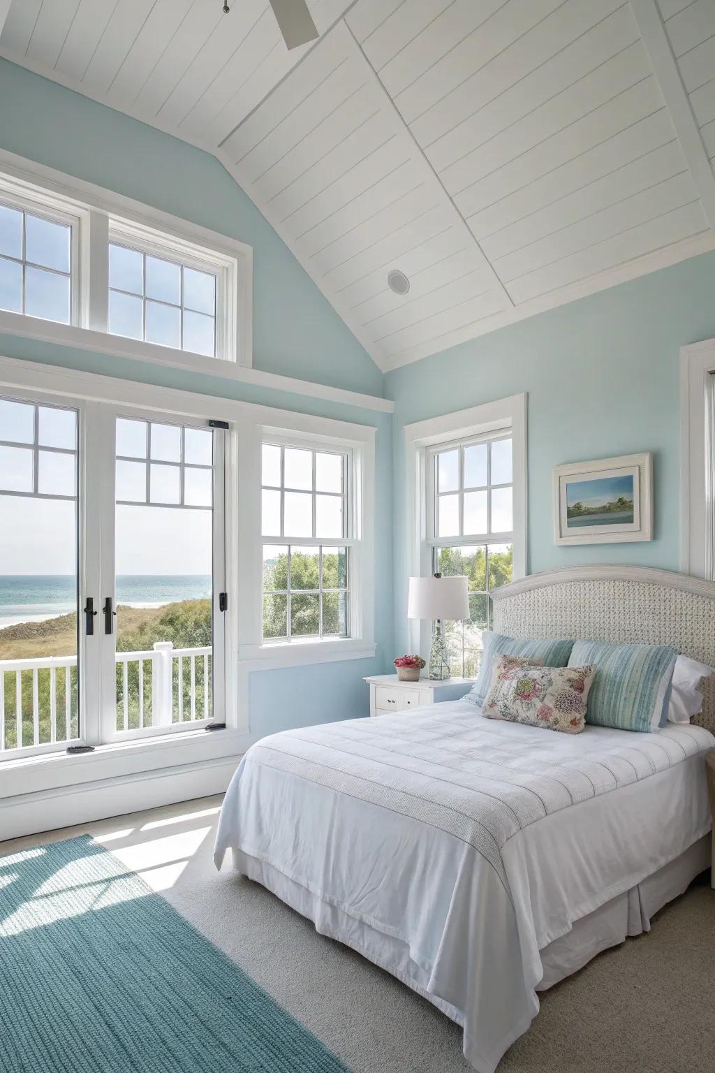 A breezy bedroom featuring azure and white walls, reminiscent of a clear sky.