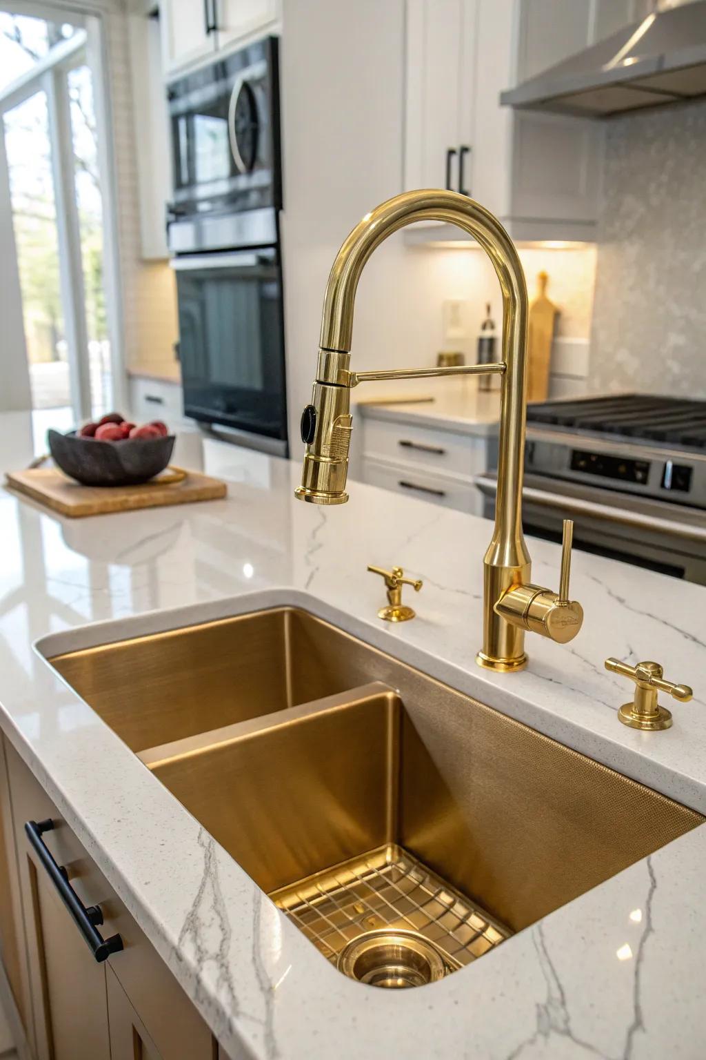 A chic match of an undermount sink with a fashionable pull-down sprayer faucet.