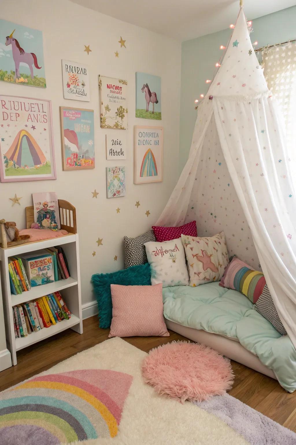 A reading corner provides a magical retreat for young readers.