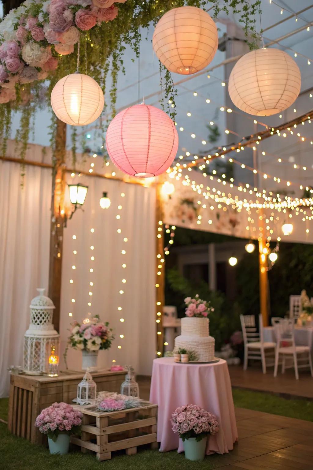 Magical ambiance crafted by fantastical sparkle lights and lanterns.