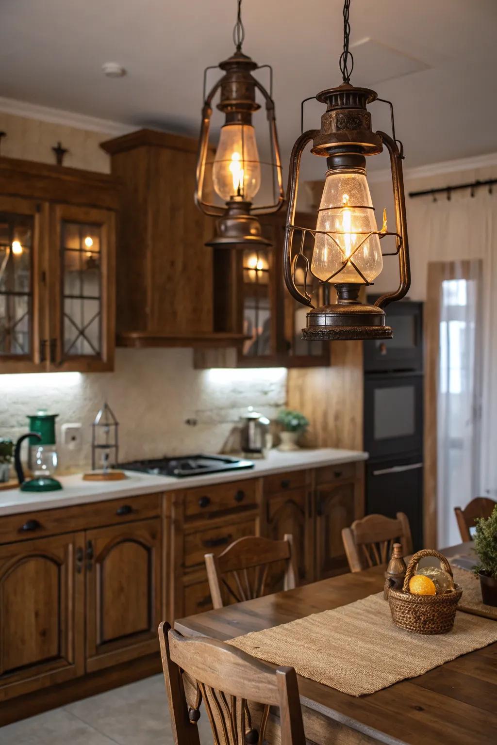 Vintage lanterns contribute warmth and rustic appeal to the kitchen.