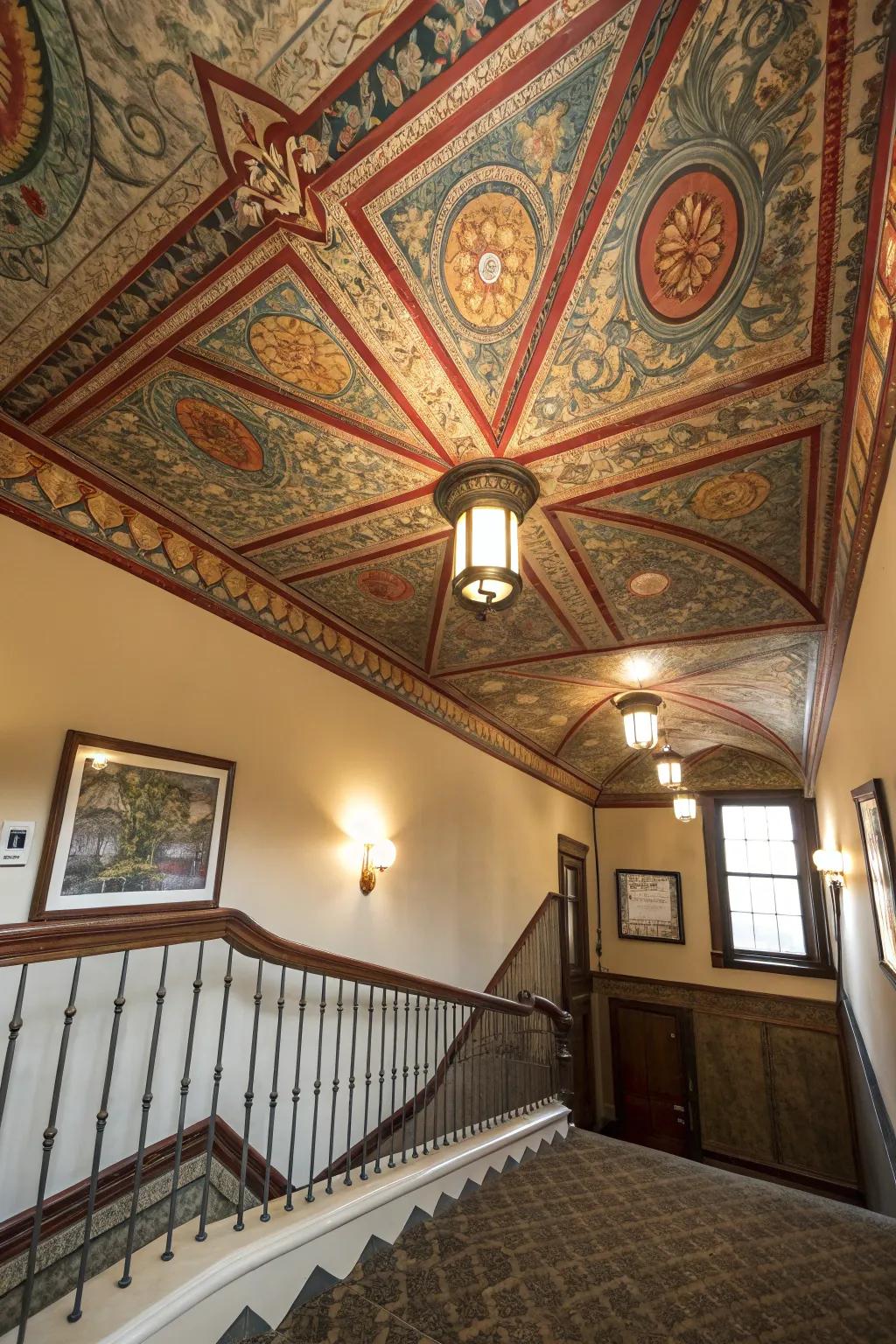 A bold ceiling adds unexpected flair to the upper hallway.