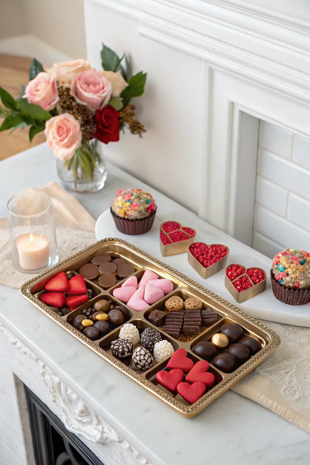 An enticing array of Valentine's treats gracing the mantel.