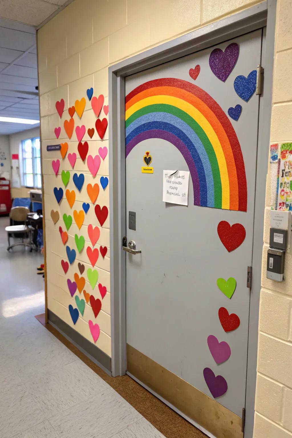 A vibrant classroom entrance showcasing a spectrum fashioned from multihued hearts.