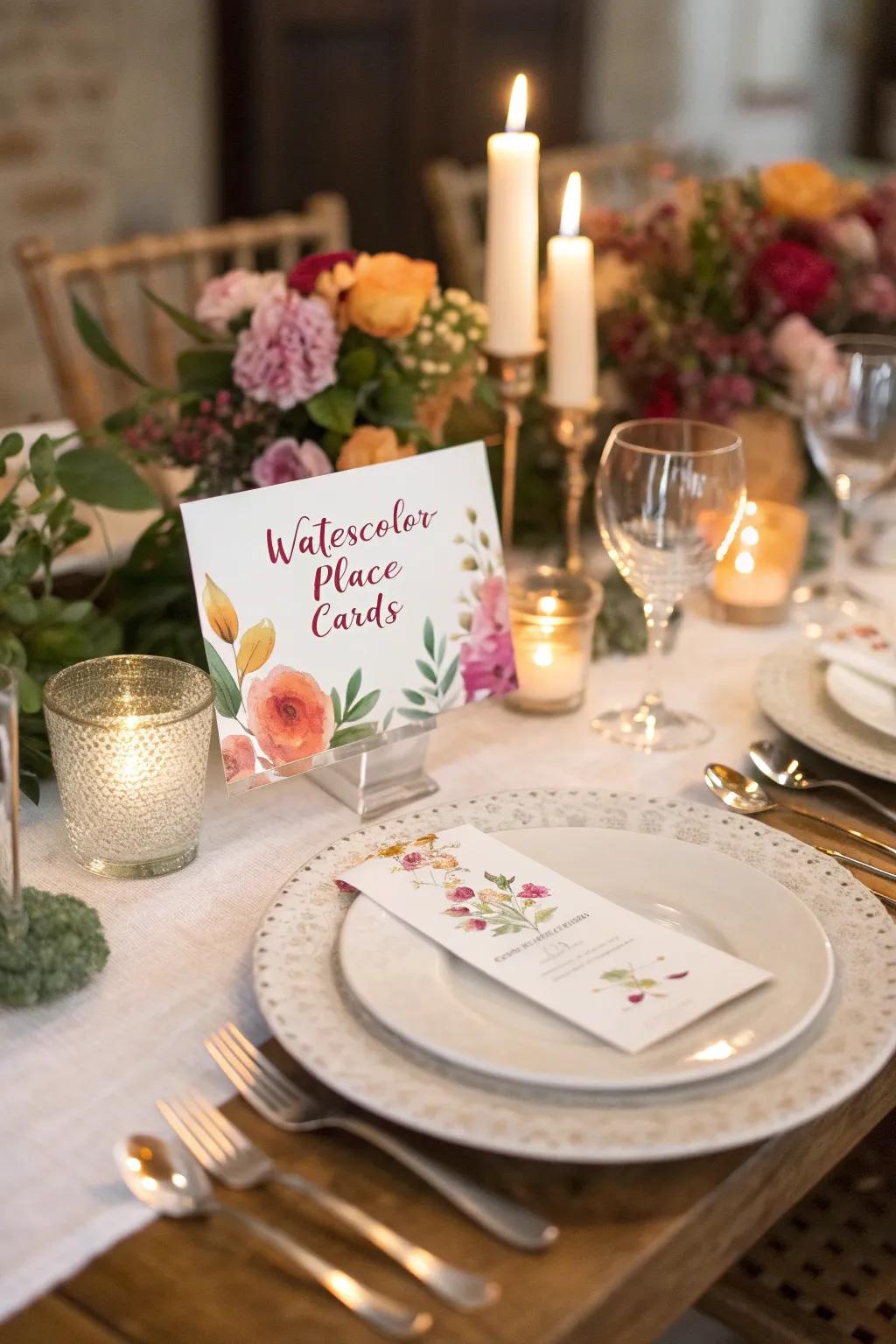 Watercolor place cards introduce an artistic touch.