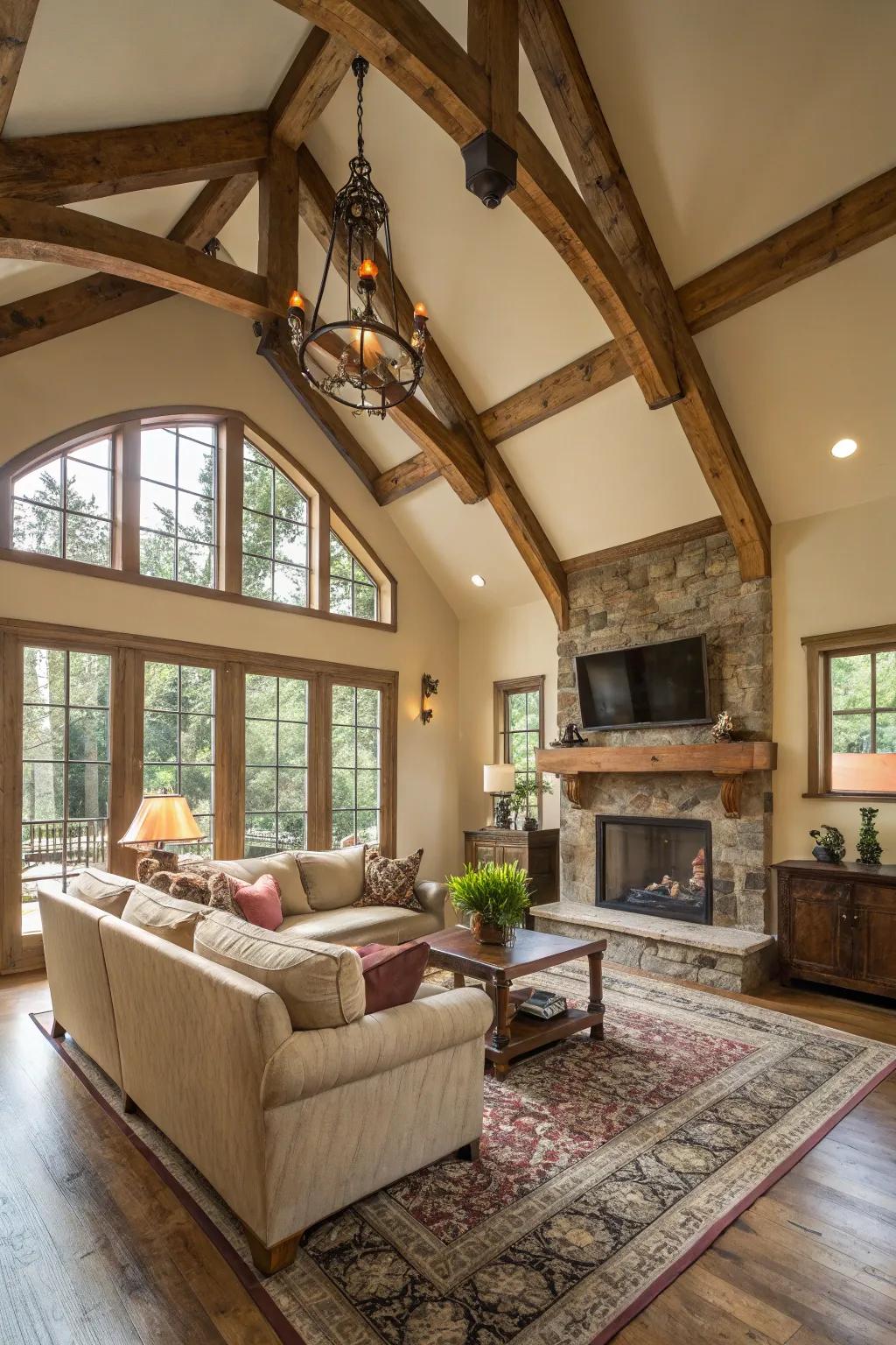 Living room with vaulted ceiling and rustic wooden beams on the feature wall
