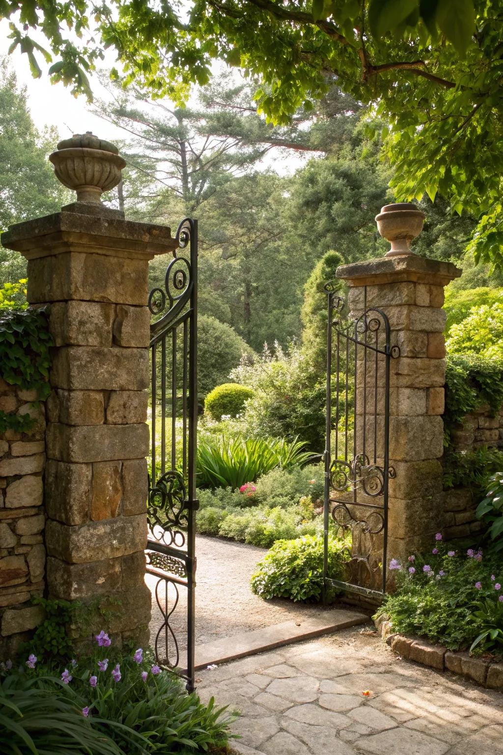 Stone support columns adding grandeur to the garden entrance.
