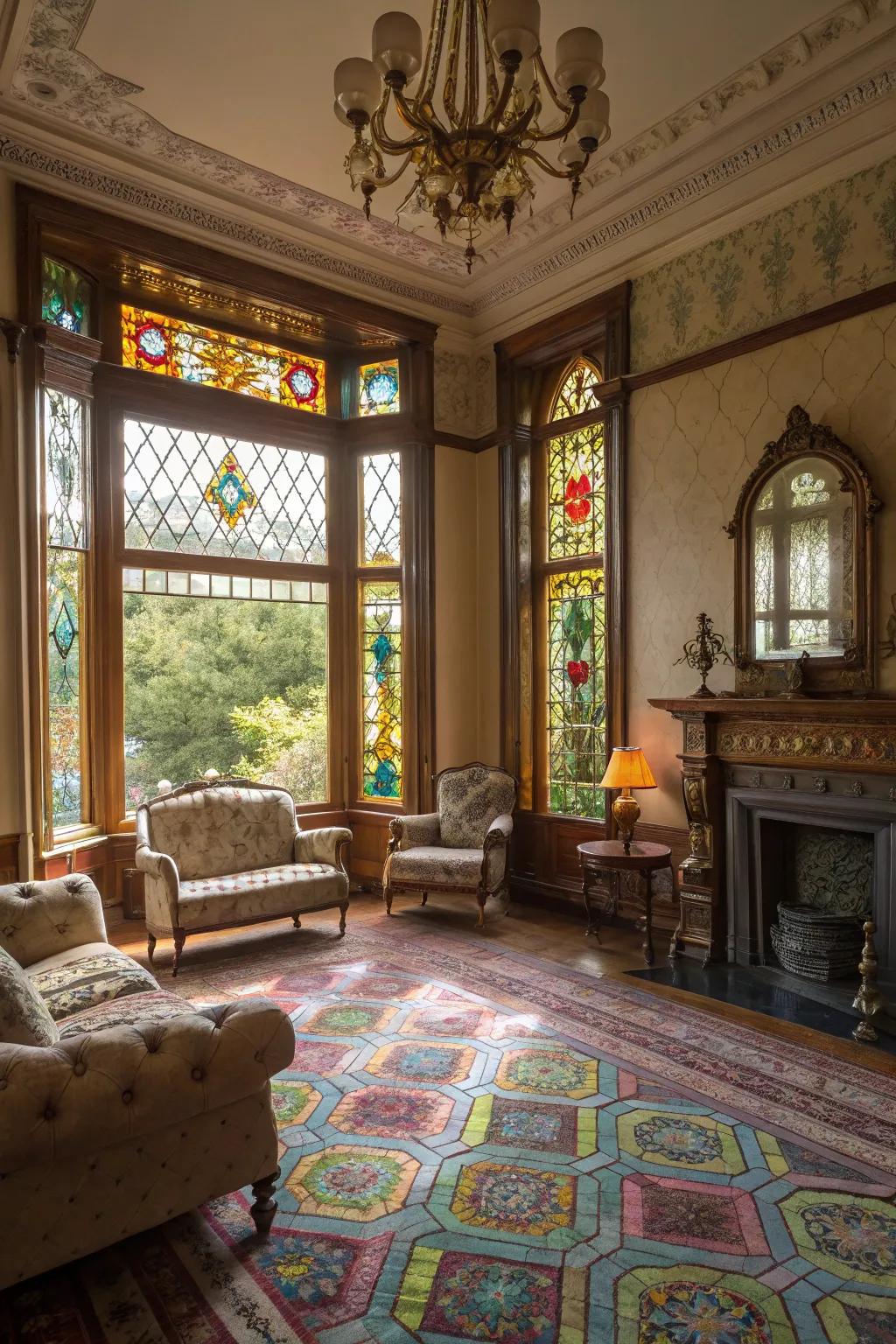 Colored glass windows cast attractive patterns, enhancing the room's charm.