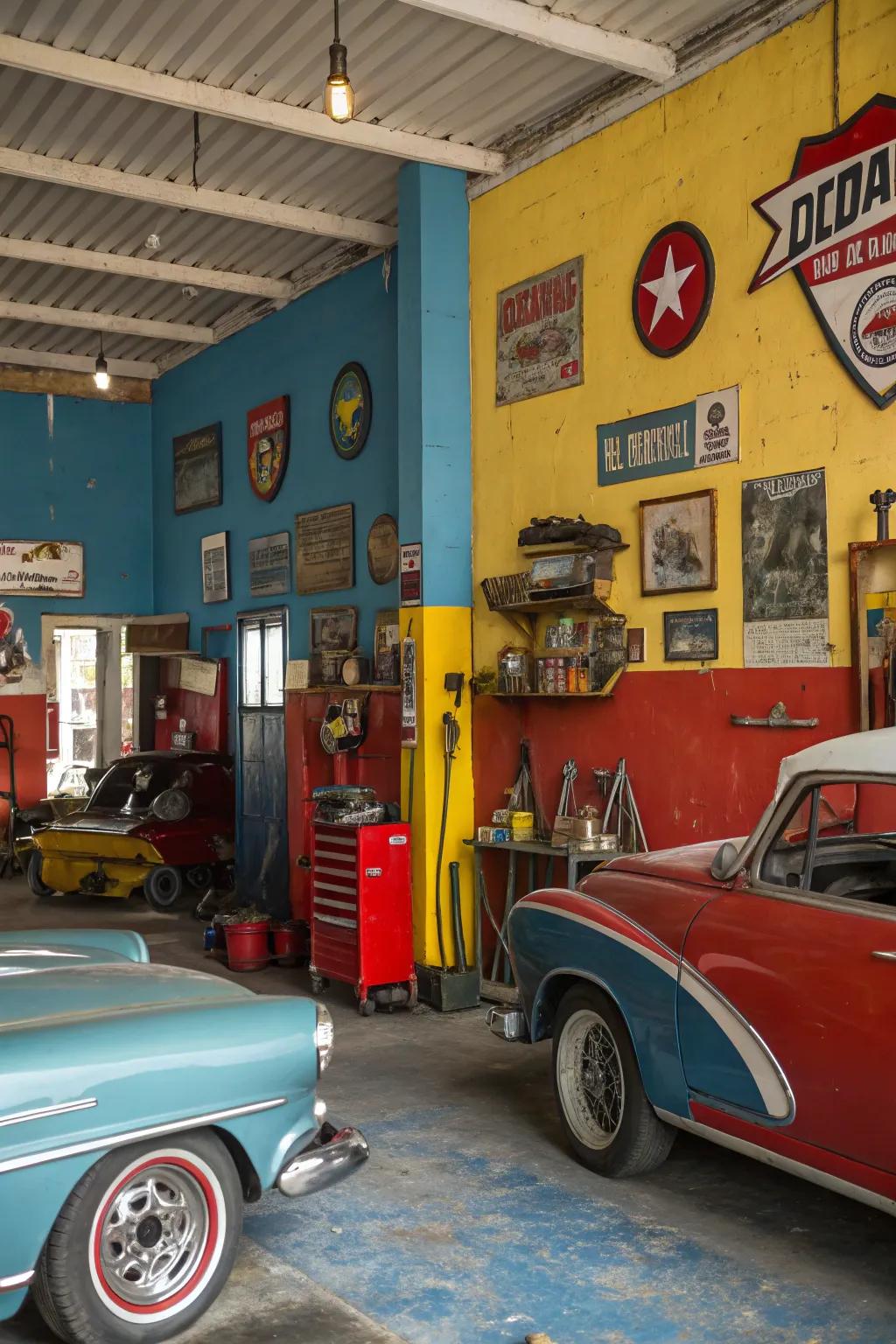 An eclectic color palette introduces vibrancy to a vintage garage.