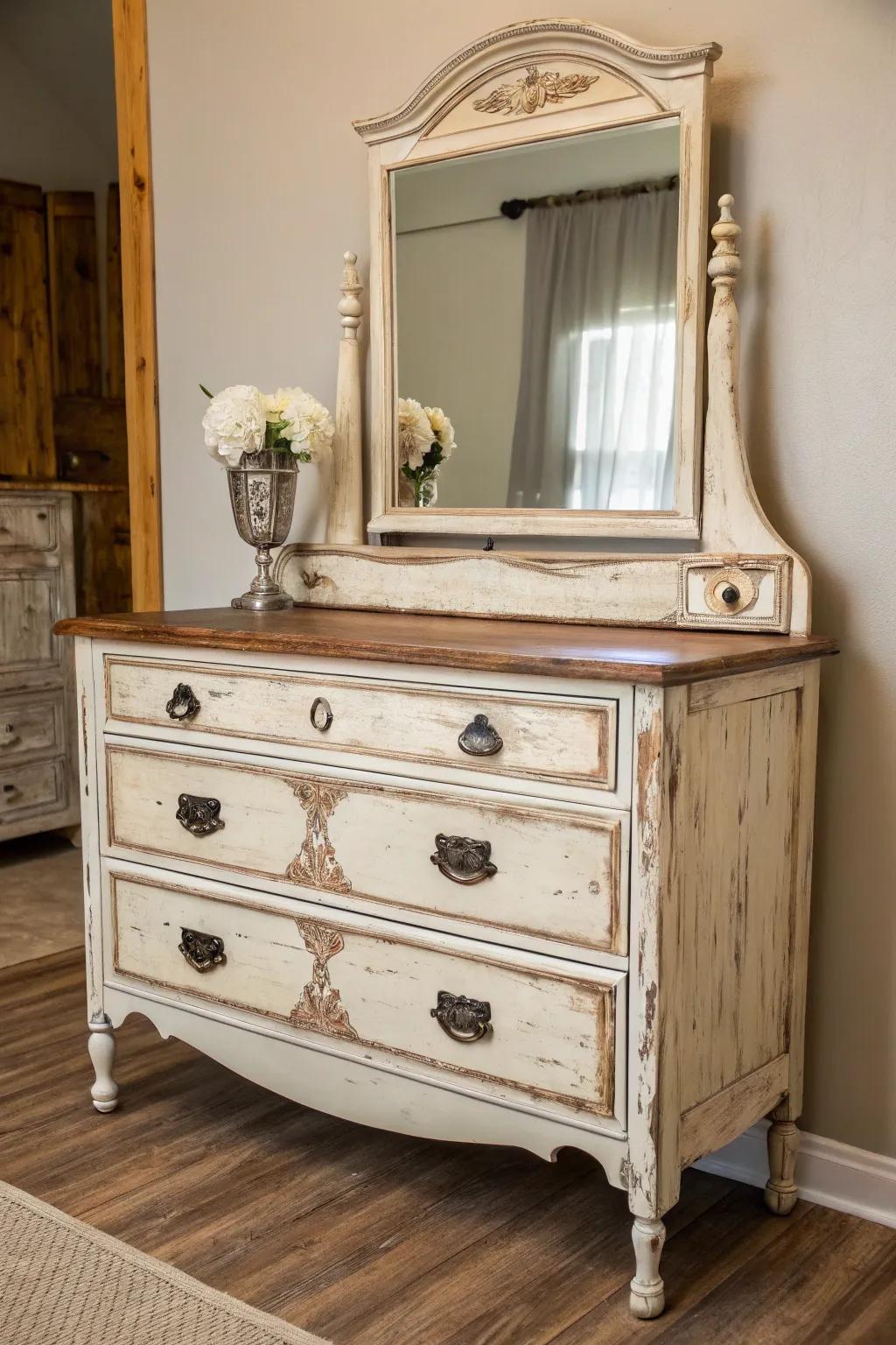 An old dresser has the ability to be reclaimed into a beautiful vintage vanity.