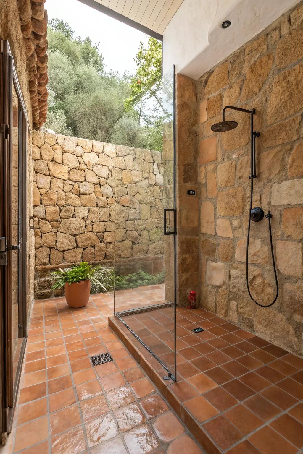 Shower enclosure with baked clay surface pavers and rock walls.
